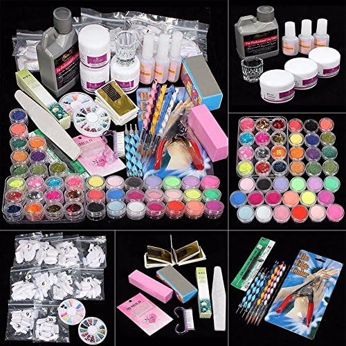 42 Acrylic Nail Art Tips Powder Liquid Brush Glitter Clipper Primer File Set Kit (Colorful)