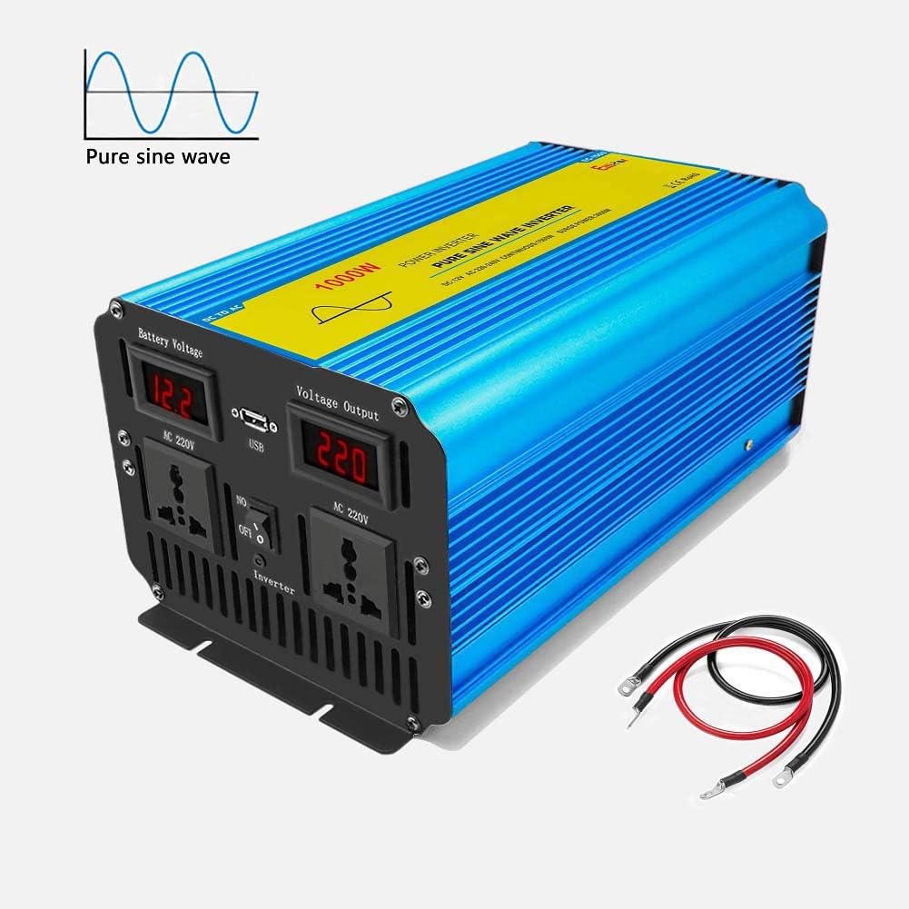Power Inverter Pure Sine Wave 1000W 12v to 240v, Car Inverter Peak Power 2000w, 2 AC Outlet with 1 USB Port 5V/2.1A, LCD Display and Smart Fan Converter for Motorhome/Caravan/Boat/RV/Truck