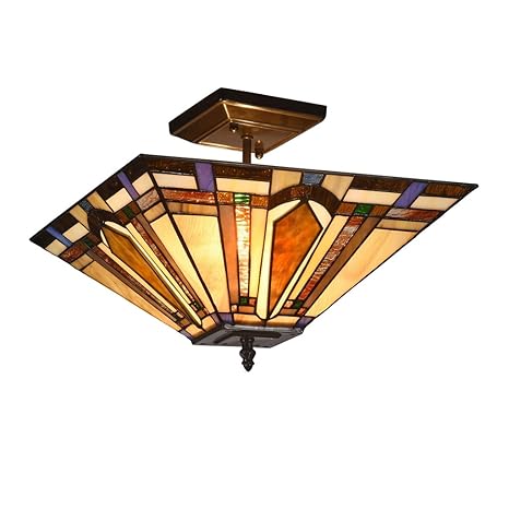 Docheer Tiffany Style Mission 2 Light Semi Flush Mount Ceiling Lamp Fixture Light With 14 Inch Stained Glass Shade Lighting Multi Color