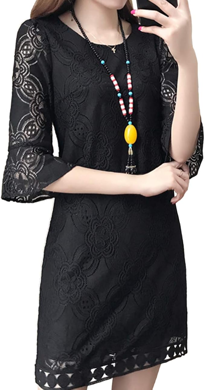 Amazon ルル フェルテ ワンピース フォーマル スレンダー セクシー ワンピ 七分袖 ミニ ミニワンピ レース ディナー 大人 上品 キレイメ 刺繍 シースルー 細見え 細身せ 夏 春夏 透け感 シンプル カワイイ 清楚 タイト 小さめ フェミニン ガーリー 結婚式