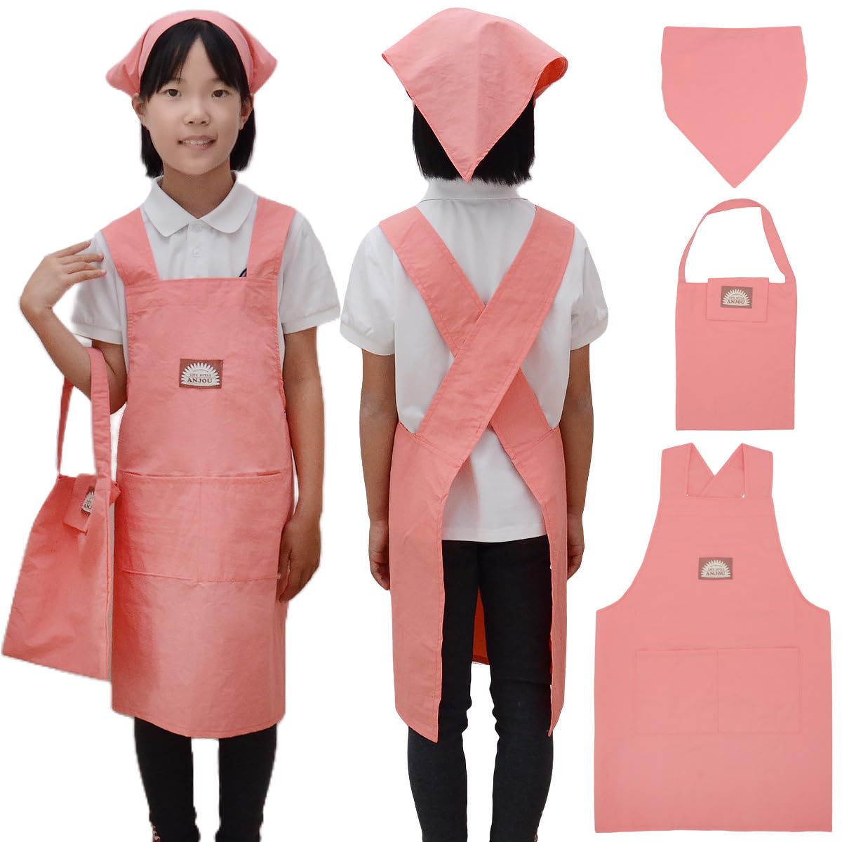 [ANJOU] エプロン子供用 三角巾セット キッズ エプロン 男の子 女の子 防水 袋付き 着脱簡単 しわになりにくい 撥水加工 シンプル 男女兼用 ポケット付き 北欧 無地 小学校 100cm~120cm 120cm~140cm 140cm~160cm (ピンク, M) の商品画像