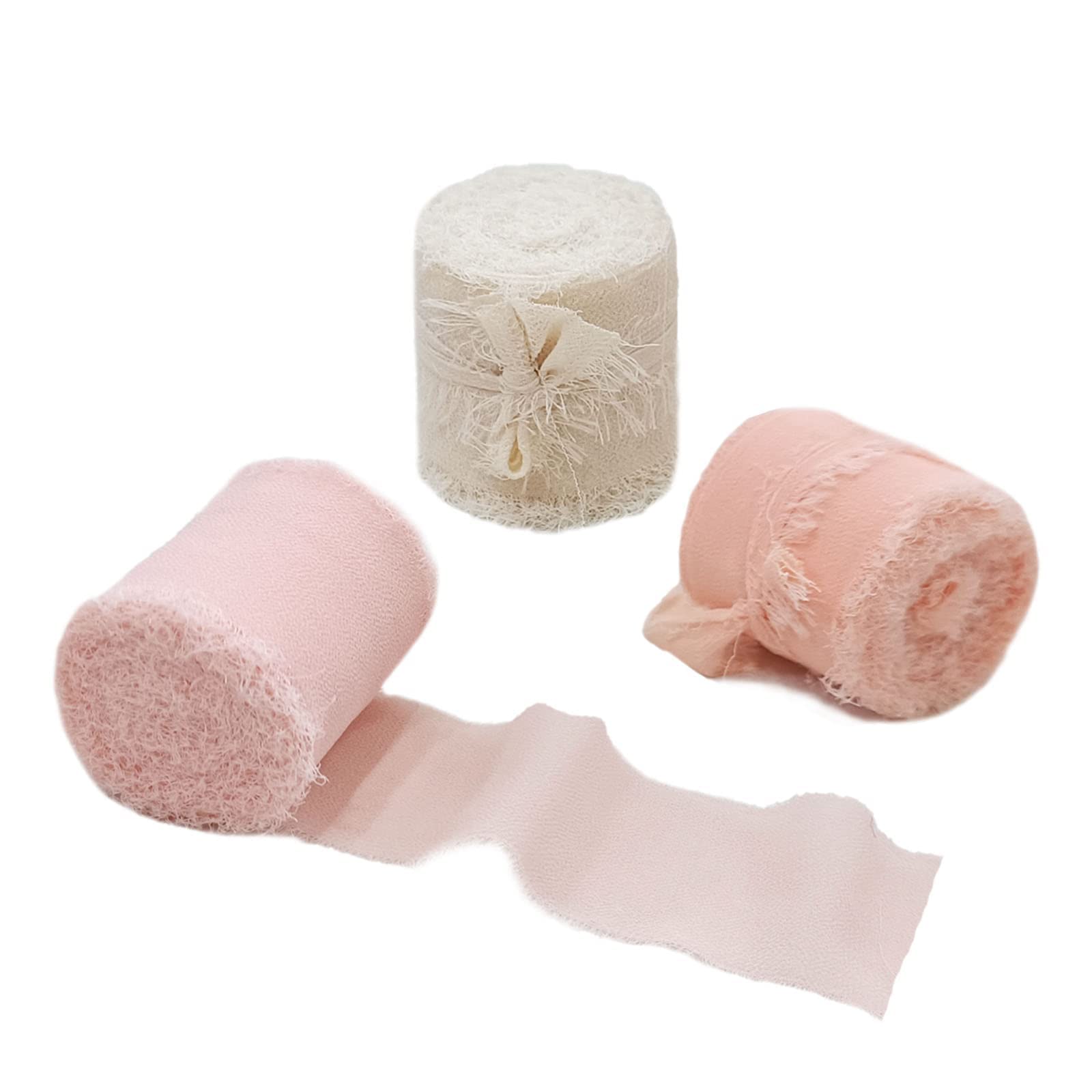 HREDZEO Chiffon Ribbon, 3 Rolls, Beige/Meat Pink/Pink, Wedding, 4 cm x 5 m, Modern, Unique Worn Edges, Handmade Tassel, Gift Wrapping, Wedding Invitations, Bridal Bouquets, DIY Crafts, Decoration