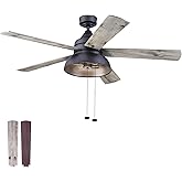 Prominence Home Brightondale, 52 Inch Industrial Style Indoor Outdoor LED Ceiling Fan with Light, Pull Chain, Dual Mounting O