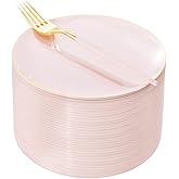 I00000 72PCS Pink Plastic Dessert Plates with Disposable Forks, Premium Pink Cake Plates, Fancy Apetizer Plate with Gold Rims Perfect for Party