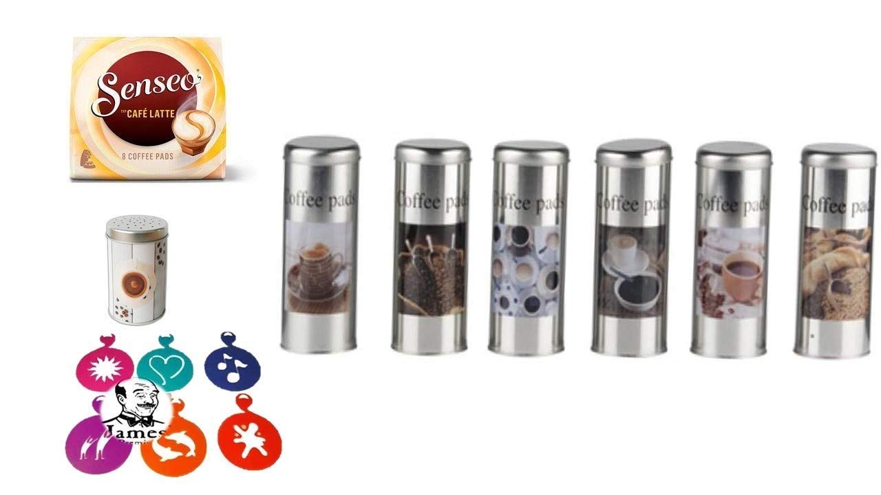 Senseo Geschenkset, 4-tlg., Café Latte Kakaostreuer 4er Set Kaffeemotive Paddosen & Schablone