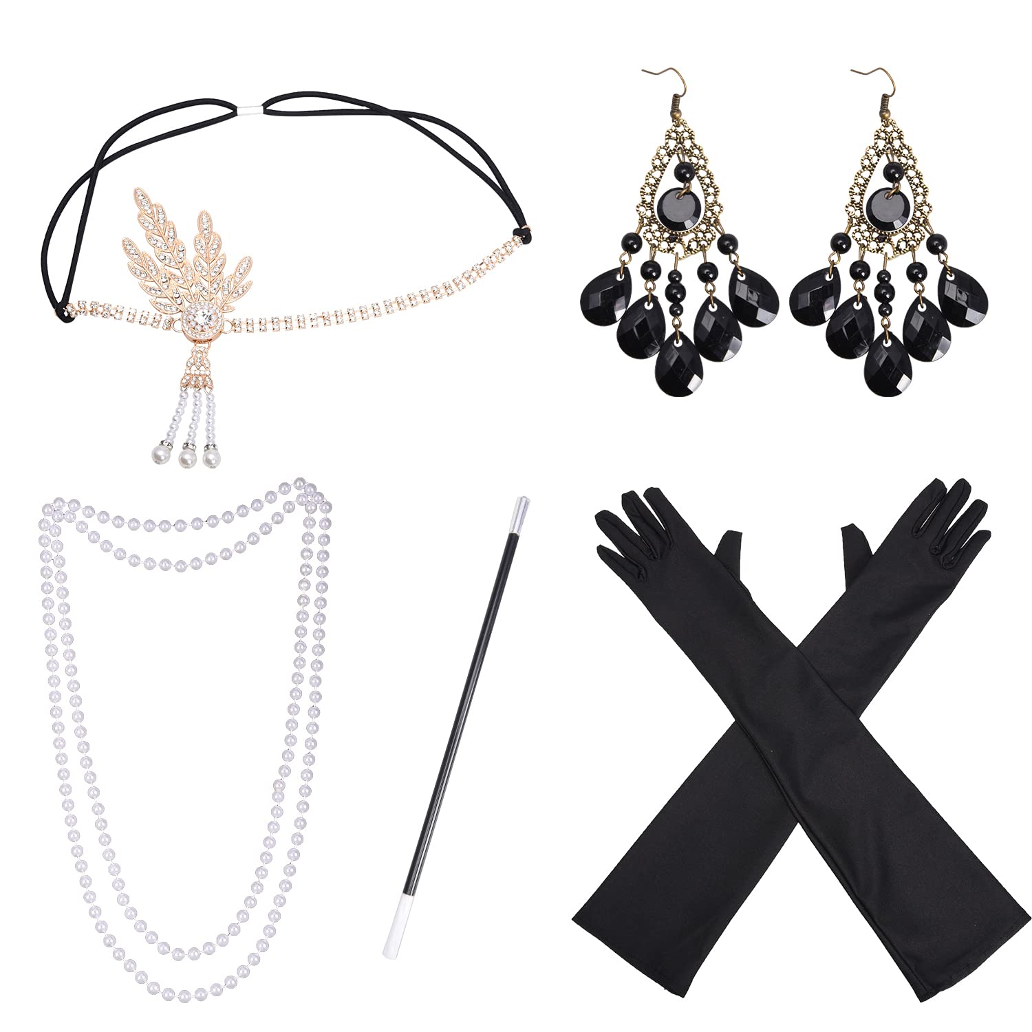 Jomnvo 5 Pcs 1920 Accessories Flapper Set Gatsby Costume Accessories Headband Earrings Cigarette Holder Long Gloves Pearl Necklace Women Gatsby Costume Accessories, Black