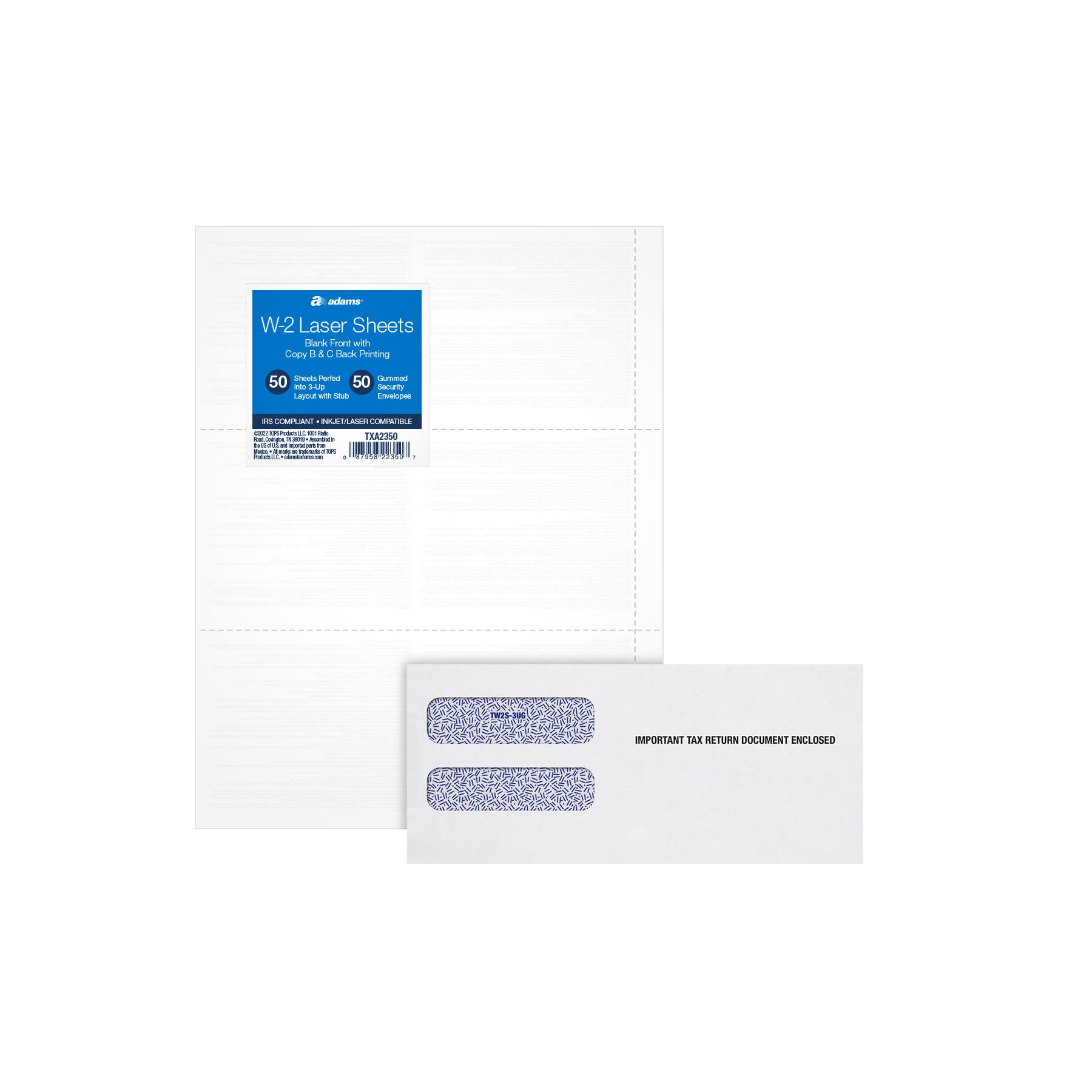 Photo 1 of Adams W2 Laser Tax Forms Kit 2023, Blank Forms w/Stubs and Self Seal Envelopes Included, B & C Copies, 3-Up, Peel and Seal, 50 Pack (TXA2350)
