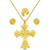 ETH-JE-G Ethiopian Jewelry Set for Women - Traditional Eritrean Ethnic Set With Big Cross Pendant Necklaces, Earrings, Rings - Africa