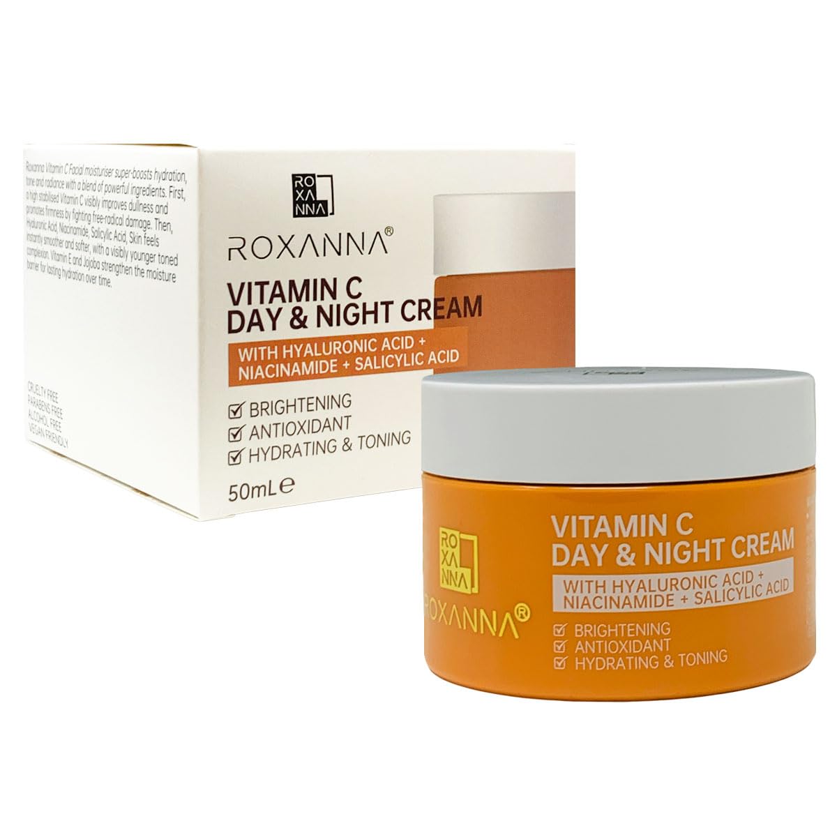 Roxanna Vitamin C Face Cream 50ml with Hyaluronic Acid, Niacinamide & Salicylic Acid Natural Vitamin E & Jojoba Anti Aging & Wrinkle Day & Night Moisturiser, Brighten Hydrate and Plump Skin