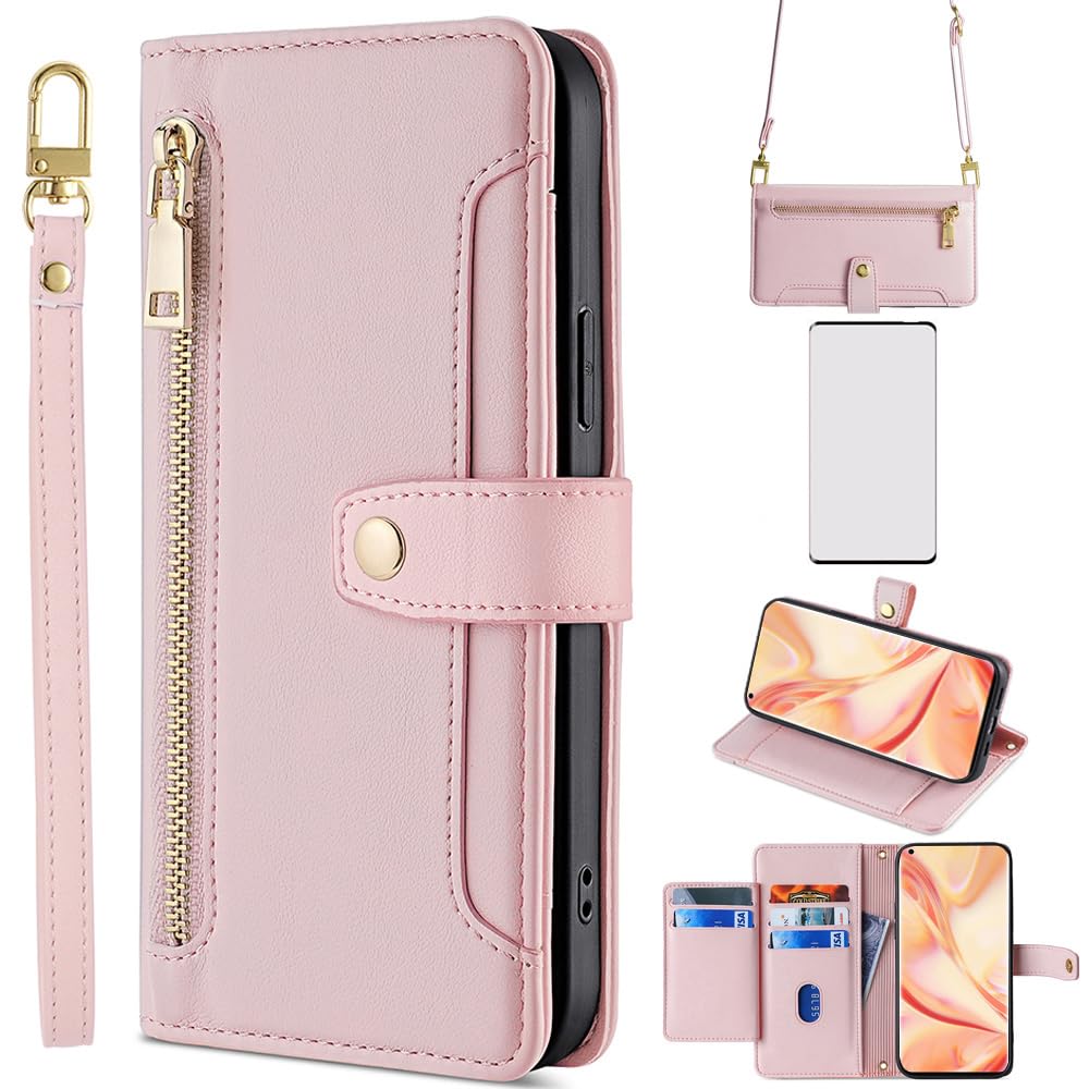 Asuwish Phone Case for OPPO Find X2 Pro Wallet Cover with Tempered Glass Screen Protector and Zipper Leather Card Holder Slot Kickstand Cell Accessories Protective Flip Folio CPH2025 Women Rose Gold