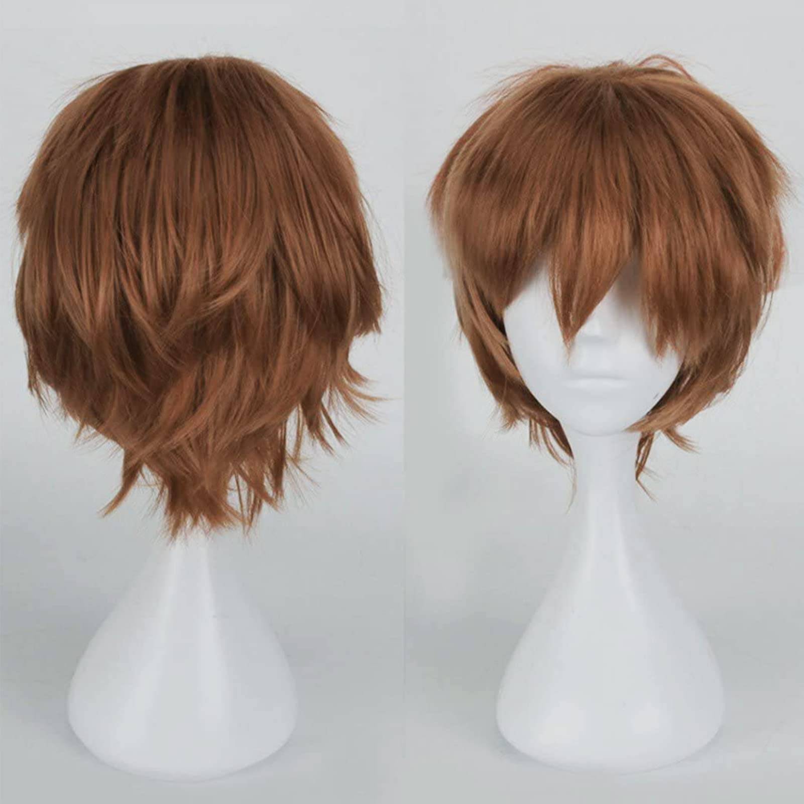 Cybelleza Short Light Brown Unisex Anime Cosplay Wig - Synthetic Curly Straight Layered Fluffy Halloween Wig with Free Cap
