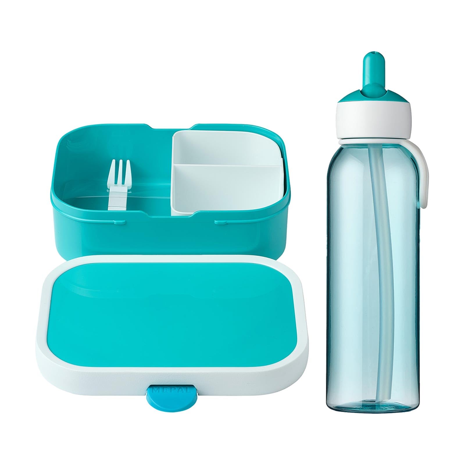 Mepal Campus Flip-up Lunch Set Water Bottle for Children with Straw Bento Lunch Box with Insert & Mini Fork Carbonated Leak-Proof Turquoise