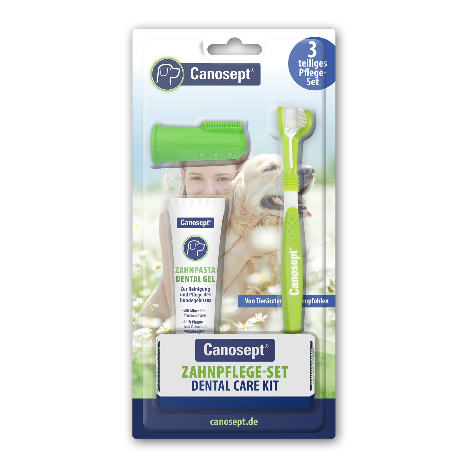 Canosept Dog Dental Care Kit (3 pieces) - Dog Toothbrush and Toothpaste - Finger Brush - Teeth Cleaning Kit - Plaque Remover - Breath Freshener
