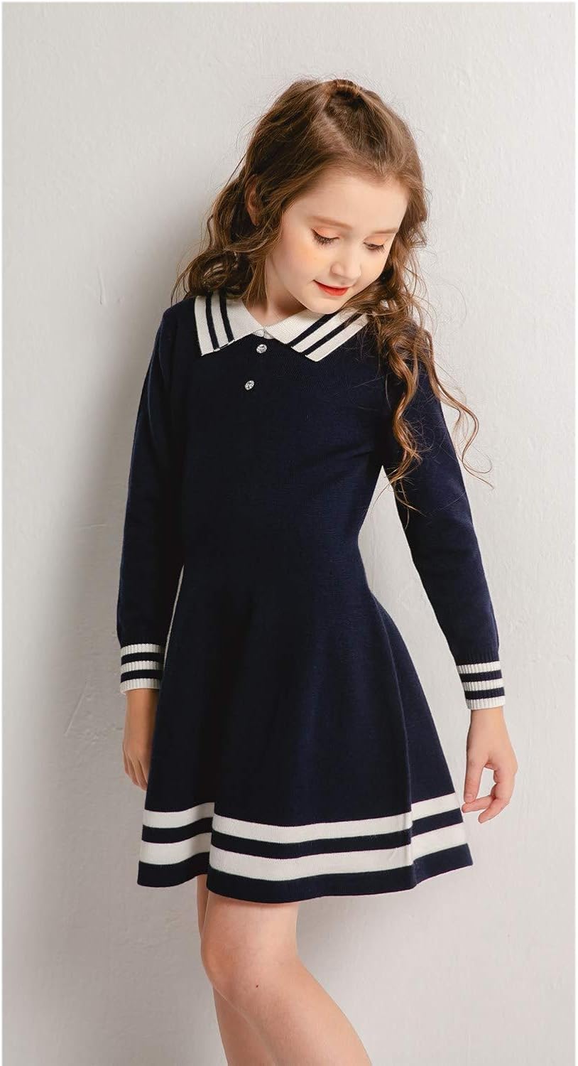 SMILING PINKER Girls Uniform Dresses Long Sleeve School Polo Striped Knit Sweater Dress: Clothing