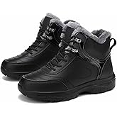 DONRRNDK Men's Waterproof Leather Fleece-Lined Platform Ankle Boots Lace Up Thick Soles Mid Top Comfort Warm Snow Sport Booties Non-Slip Casual outdoor Work Hiking Boots