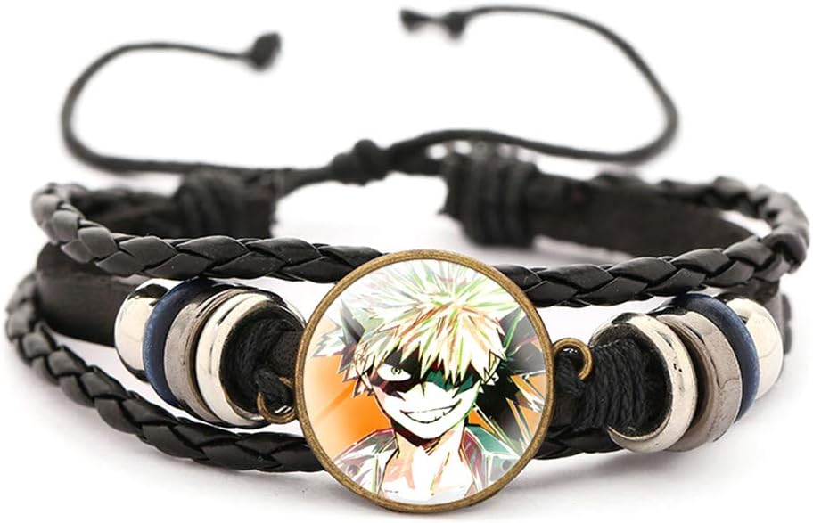 ForUBeauty My Hero Academia Bracelet (Boku no Hero Academia), Izuku Midoriya Todoroki Shoto Katsuki Bakugou Black Leather Vintage Woven Bracelet
