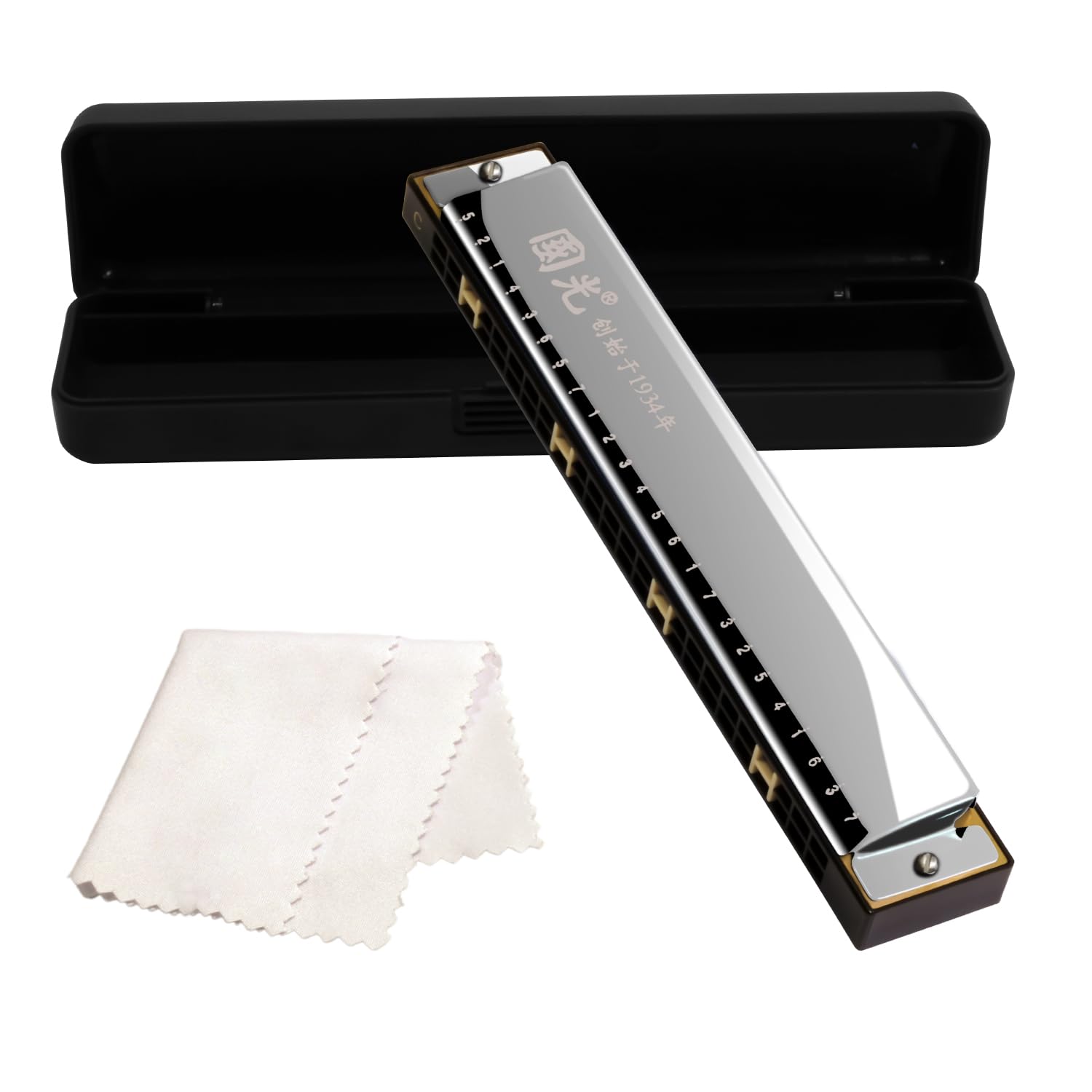 Photo 1 of YCXYQ Silver - 24 Holes Tremolo Harmonica Polyphony Diatonic C Key 24 Hole Profession Harmonica Beginners Kids Aldults Tremolo Harmonica with Storage Box Cleaning Cloth, YCXYQUS0022