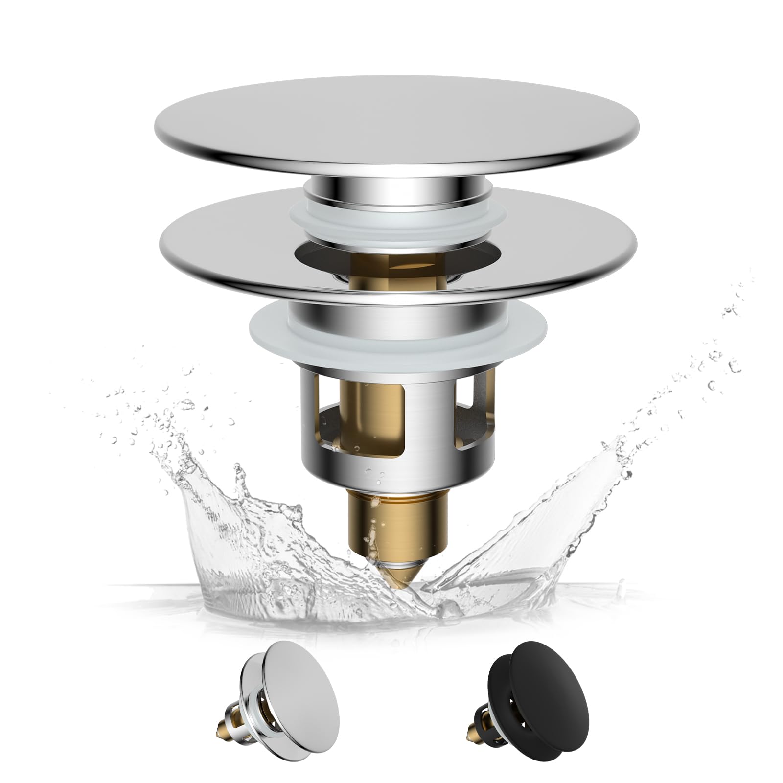 Hibbent Pop up Sink Plug with Drain Strainer, Brass Bounce Core Push Drain Plug, Suitable for 1.18'' to 1.81'' (30-46mm), a Depth ＞50mm, Universal Sink Stopper Replacement for Bathroom Basin, Chrome