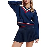 Womens Sweatsuits 2 Piece Set Color Block V Neck Sweatshirts High Waisted Tennis Running Golf Tracksuits Skirts Sets