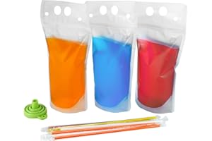 C CRYSTAL LEMON 100PCS Reclosable Alcohol Pouches with Straws & Funnel, Leakproof Drink Bags for Juice, Smoothies, Cocktails, Slushies