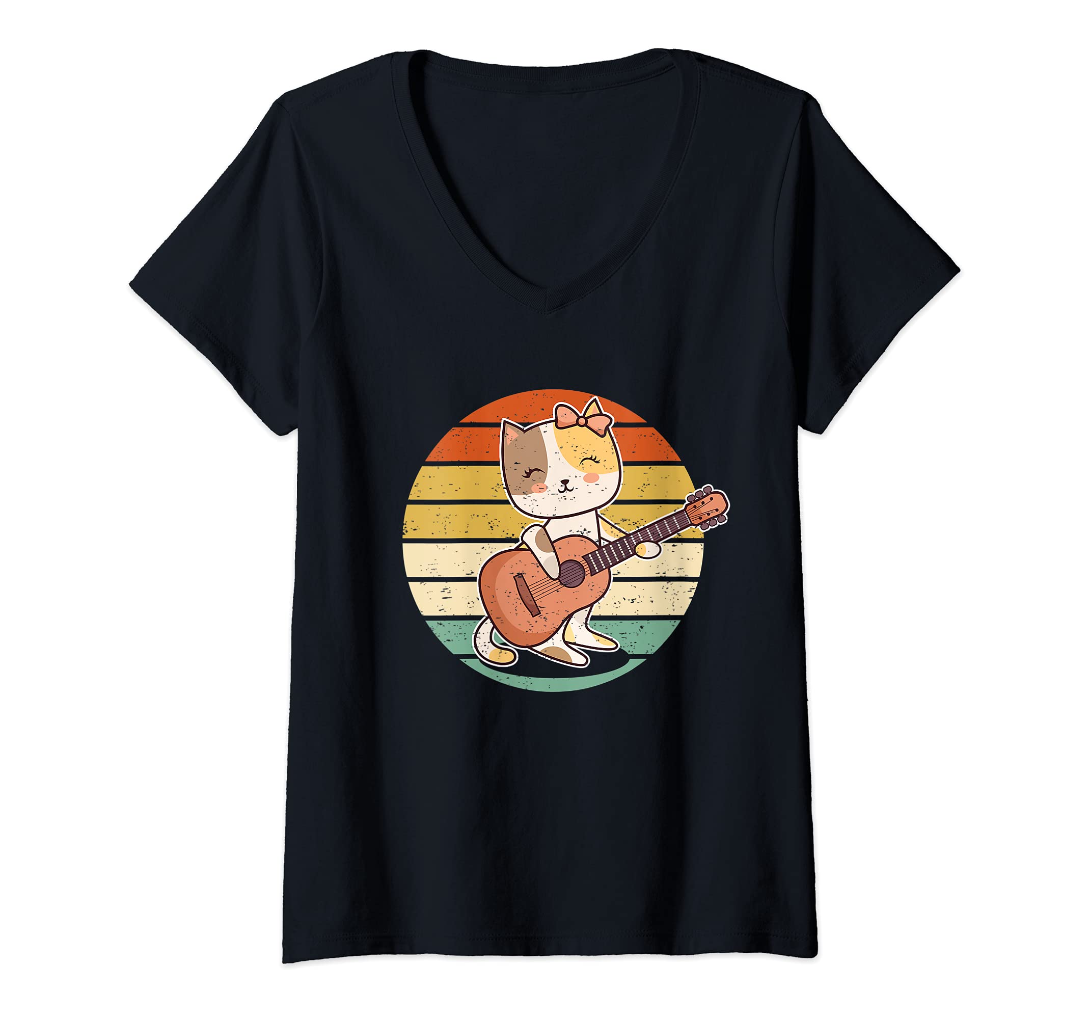 Womens Cat Guitar Player Kitten Guitarist V-Neck T-Shirt