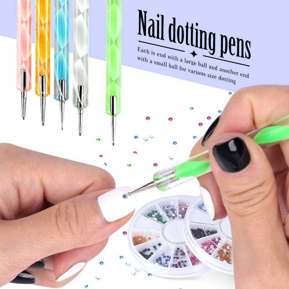 Nail Art Brushes, Teenitor 3D Nail Art Paiting Polish Design Kit with 15 Nail Gel Brushes, Nail Dotting Pen 5pcs, 12 Colors Nail Rinestones & 10 Adhesive Nail Striping Tape for False Acrylic Nails: Arts, Crafts & Sewing