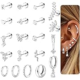 Hypoallergenic Cartilage Earrings for Women 20G Helix Piercing Jewelry Earring Flat Back Surgical Stainless Steel Gold Stud Hoop Cartilage Earring Set Daith Tragus Conch for Multiple Piercing Single