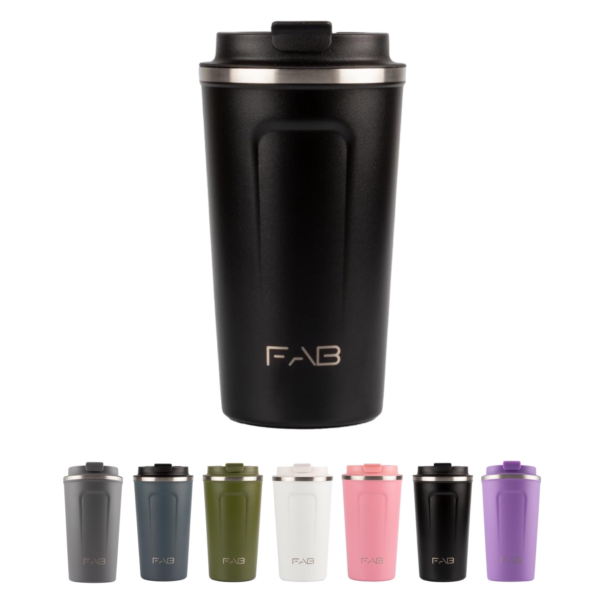FAB Travel Mug, Reusable Coffee Cup (510ml, Black) - Double Wall Stainless Steel with Screw Lid - Thermal Camping Cup, Vacuum Insulated for Hot and Cold Drinks, Eco-Friendly