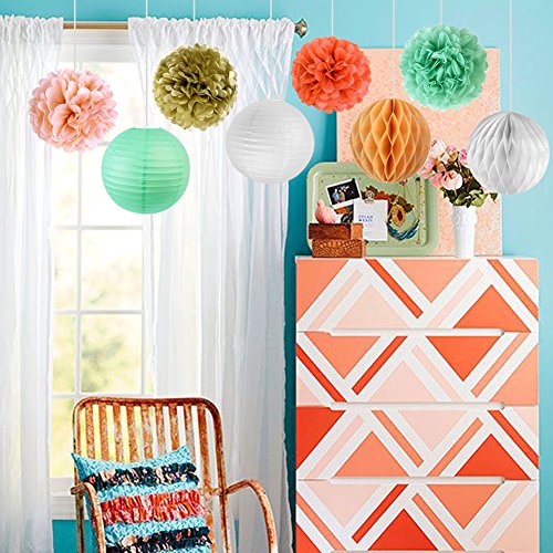 SUNBEAUTY Coral Mint Peach Gold Paper Lanterns Home Party Wedding Honeycomb Balls Tissue Pom Poms Flower Valentines Hanging Decor