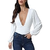 Weigou Women Sexy Long Sleeve Bodycon Slim Fitted Tops Deep V Neck Ruched Bodysuits Leotard Shirts