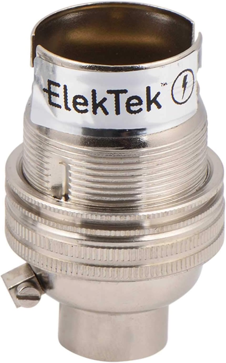 ElekTek Unswitched Lamp Holder B22 BC Bayonet Cap with Shade Ring 10mm/M10 x1 Threaded Bottom Entry - Made in UK - Nickel