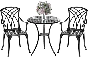 Z1UVDFUR Patio Bistro Set 3 Piece, Cast Aluminum Bistro Set for 2 w/Umbrella Hole, Outdoor Table and Chairs Set of 2, Bistro Set for Balcony/Backyard/Garden, Black