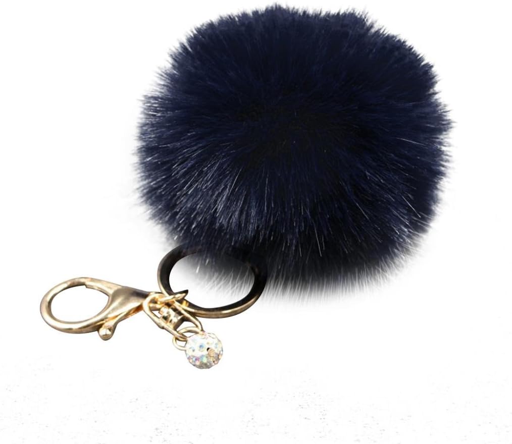 Colorful Women Faux Rabbit Fur Ball Pompom Keychain Phone Handbag Charm Pendant - Navy Blue HearsBeauty