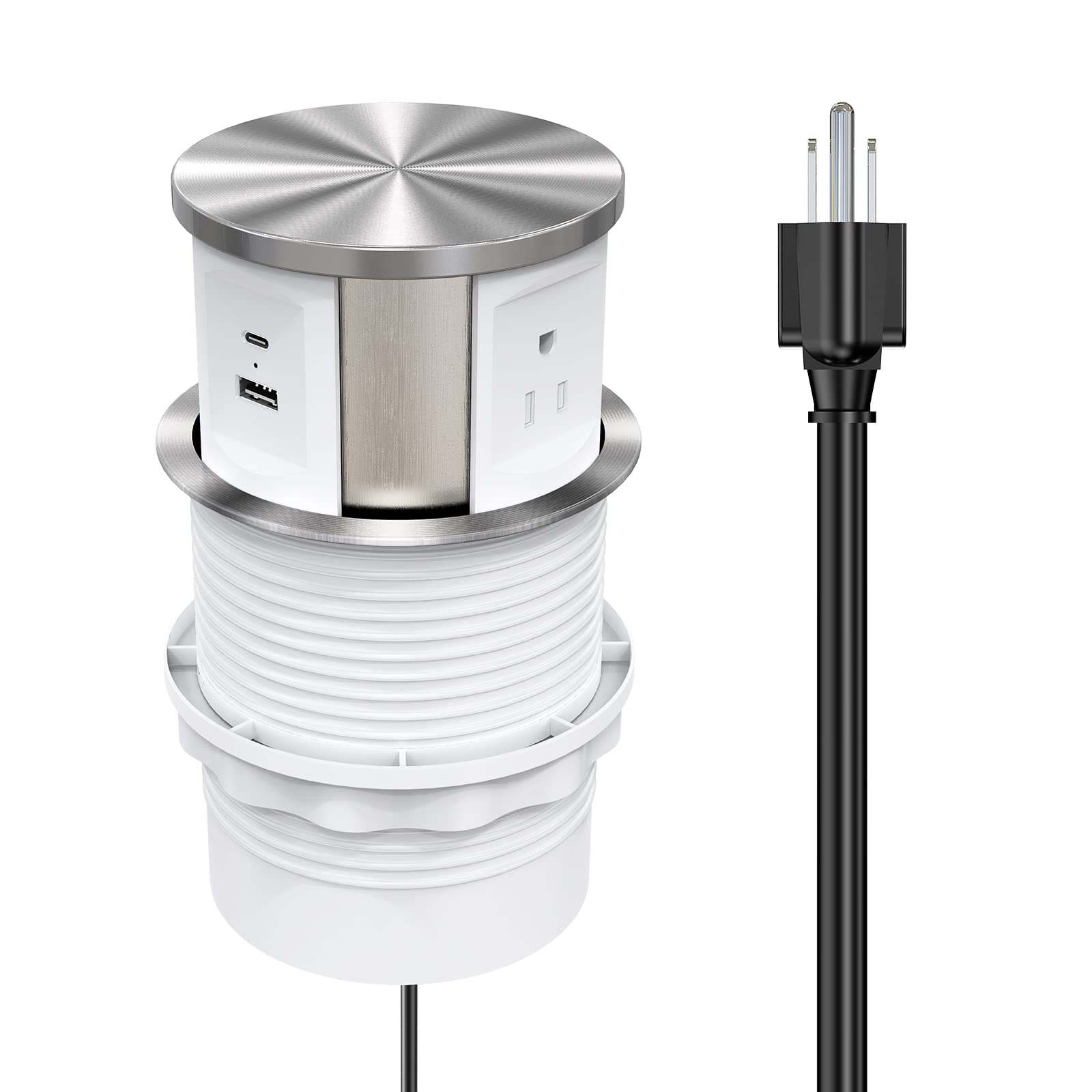 Photo 1 of QBA Pop Up Outlet for Countertop, Retractable Recessed Power Strip with 3 Outlets 1 USB A 1 USB C Port, Automatic Pop Up Outlet for Office Kitchen Island, White