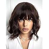 ATAYEA Black Wig with Bangs Short Wavy Wigs for Women Dark Brown Curly Shoulder Length Bob Wig Synthetic fiber Wigs for Cosplay Daily Party Use (14 Inch)