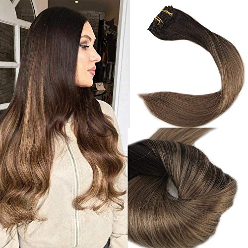 Full Shine 14" 100gram 10 Pcs Balayage Clip Extensions Color #2 Fading to Color #8 Balayage Hair Extensions Clip in Real Hair Extensions Clip in Hair Extensions