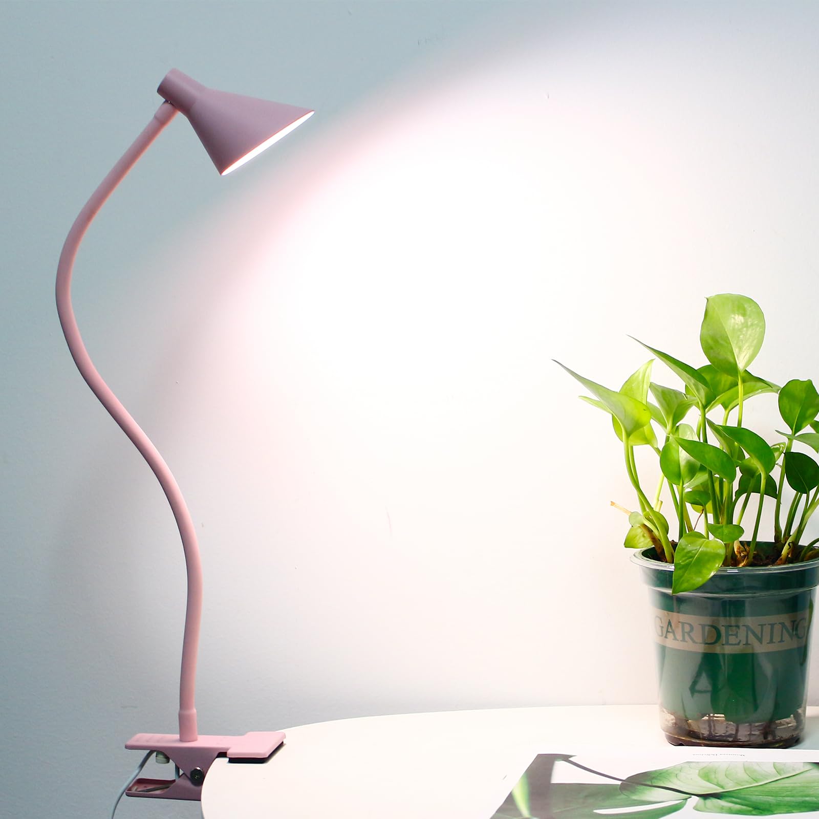 Lzonunl Pink Desk Lamp with Clip, 3 Light Modes & 10 Dimmable Brightness, Small Book Reading Light, Bedside Lamp for Office, Bedroom, Study, USB Plug-in
