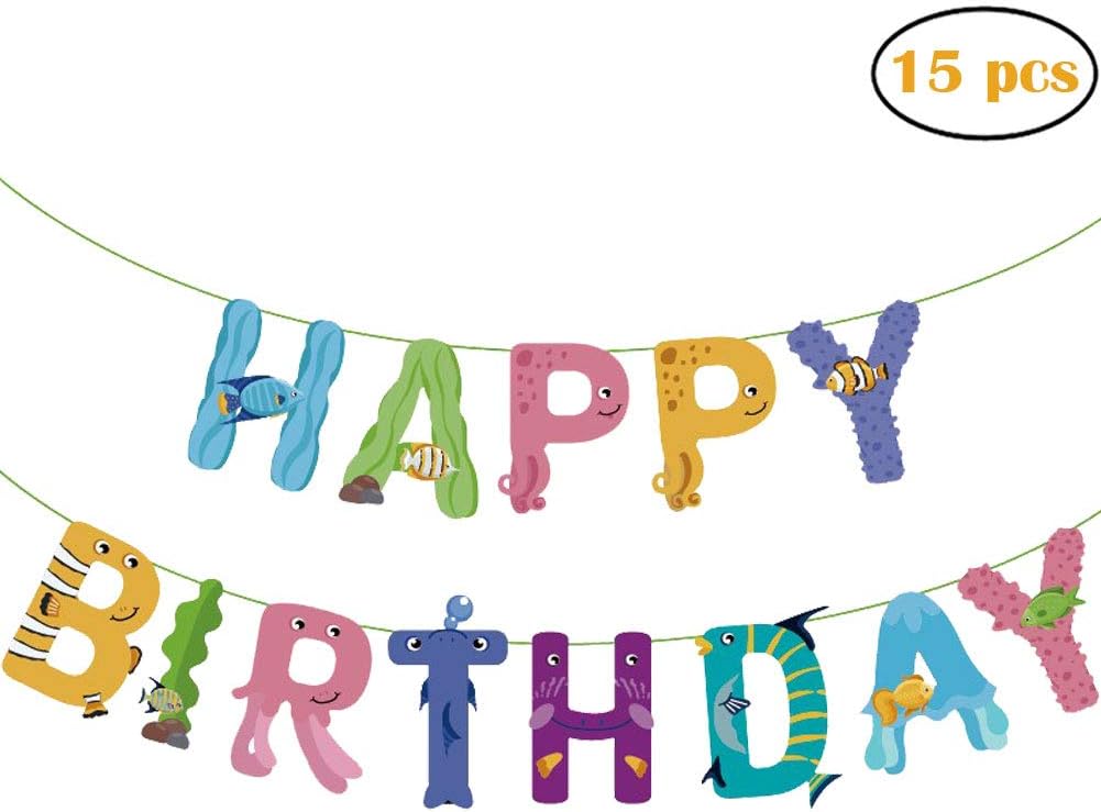 15pcs Fresh Color Tropical Fishes Happy Birthday Banner Decoration for Under the Sea Themed Birthday Festival Party