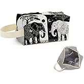 SuoSycorax Yin & Yang Elephant Printed Quilted Makeup Bag for Women - Velvety Polyester Cosmetic Organizer w/Triple Compartments, Travel & Makeup Brush Holder