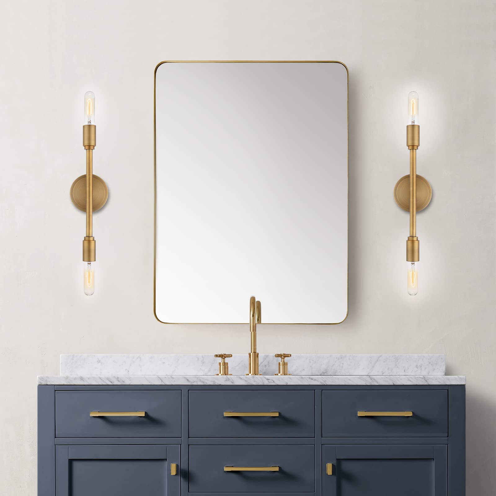 Phansthy 2 Light Head Vanity Mirror Light Retro Industrial Double Sconces Wall Light for Hallway Kitchen Living Room Bedroom Adjustable Installation Angle E27 (Antique Brass)
