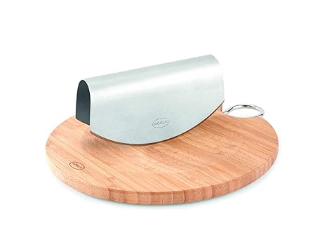 RÖSLE Einhand-Wiegemesser mit Bambusbrett Ø 24,5 cm, Edelstahl 18/10, 28 x 26 x 5 cm, Profiqualität, spülmaschinengeeignet