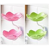2 Pack Soap Dish Holder for Shower Bar Double Layer Cute Lotus Shape Adhesive Tray Sink Wall Mounted Shampoo NO-Drilling Self Draining Hanging Saver Rack Plastic Bathroom Bathtub Kitchen，Pink+Green