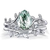 Wasee Natural Moss Agate Ring Set 925 Sterling Silver Green Moss Agate Engagement Ring Leaf Wedding Promise Ring Jewelry for Women,Ring Size 6