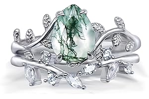 WASEE Natural Moss Agate Ring Set 925 Sterling Silver Green Leaf Moss Agate Engagement Ring Wedding Promise Ring Set Jewelry for Women