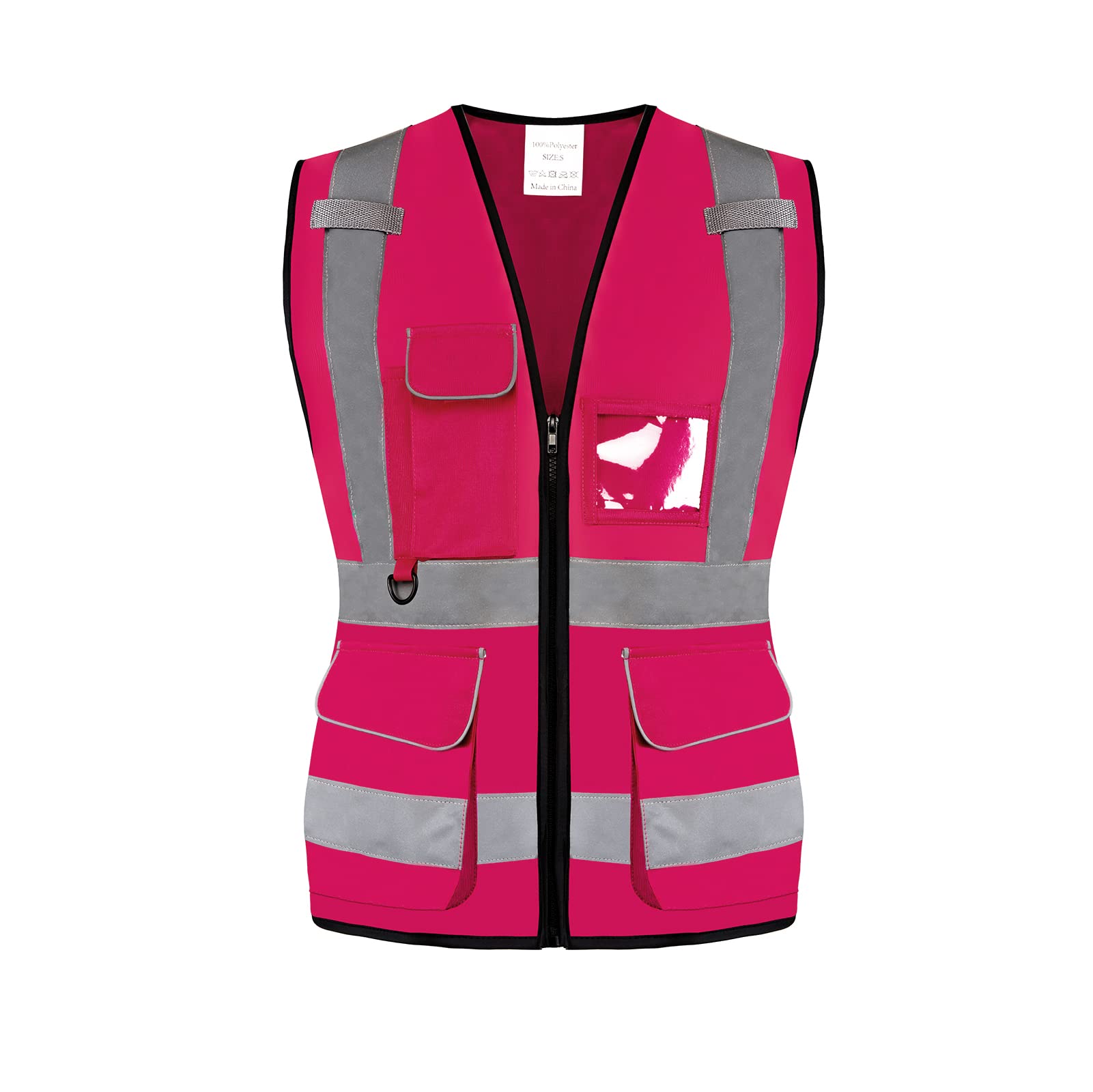 Shin Fashion 7 Pockets Class 2 Women's Hi Vis Reflective Safety Vest Executive Waistcoat, Meets ANSI/ISEA Standard Rose Red, S