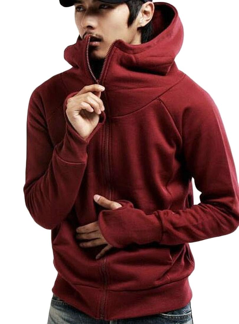 Buy MK988 Men Zip Front Turtle Neck Thumb Hole Solid Color Hoodies