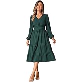 Allegra K V Neck Casual Ruffle Flowy Dress for Women's 2025 Long Sleeve A-Line Midi Dresses