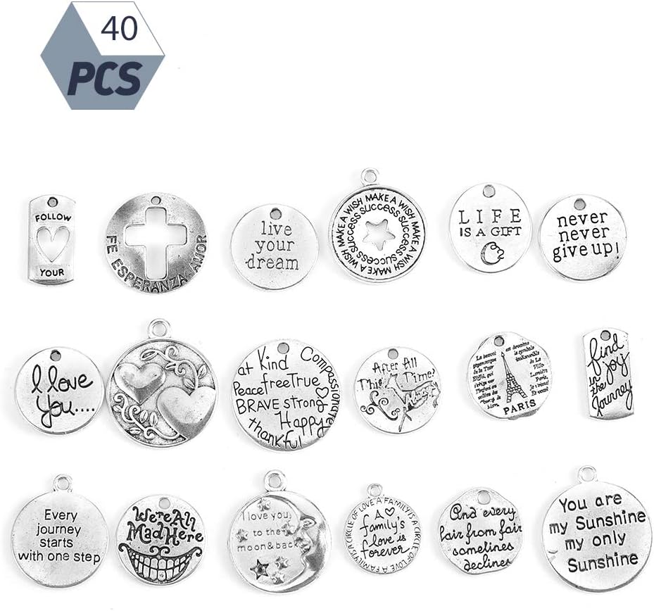 Yumi V 40pcs Inspiration Words Charms, 20 Inspirational Letter Charm Pendants Fashion Wonderful Gifts Jewelry Accessories for Making DIY Crafts Necklaces Bracelets Earrings