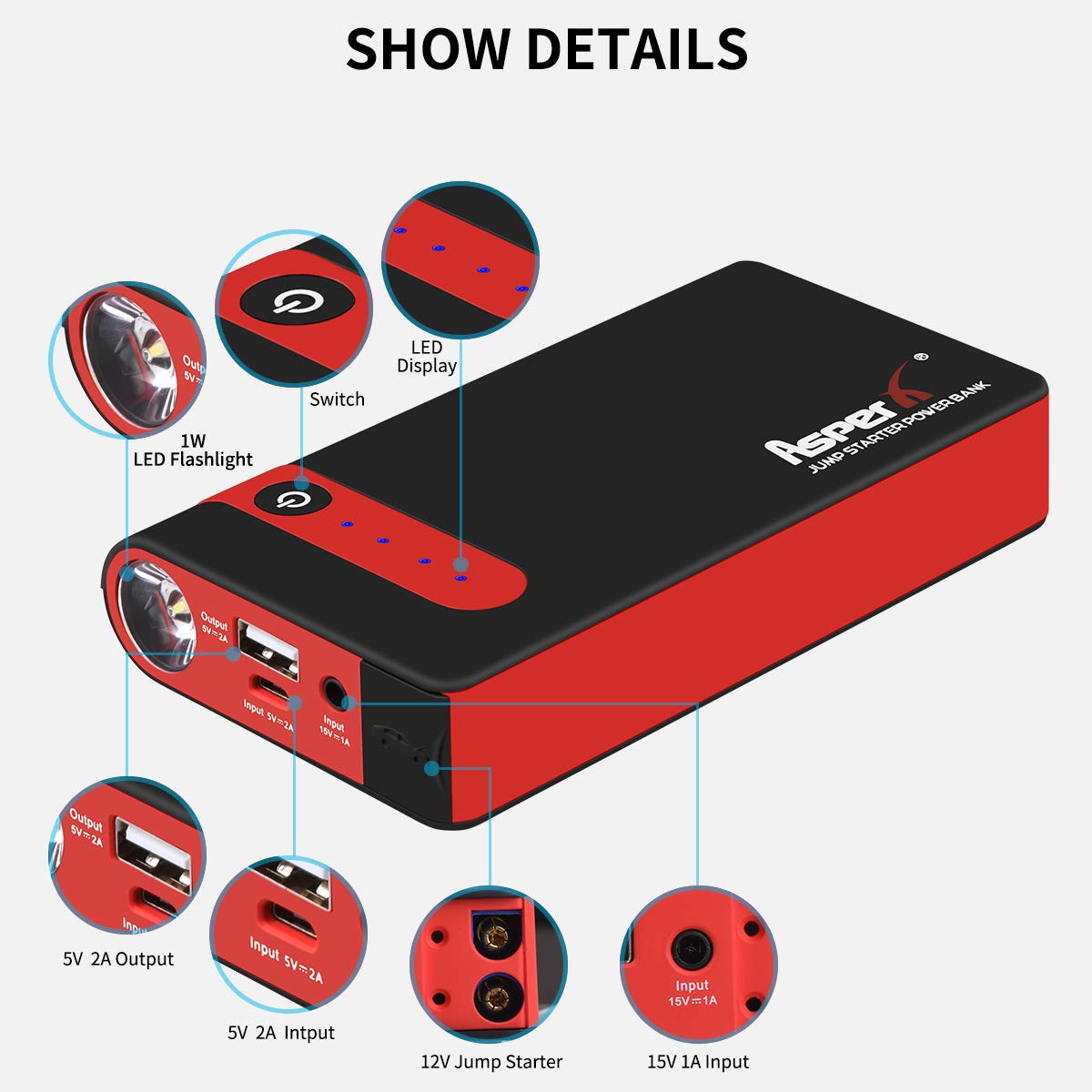 Asperx 500A Peak 10000mAh Car Jump Starter (Up to 4.5L Gas or 2.5L Diesel Engine), 12V Portable Power Pack Auto Battery Booster Phone Charger with LED Flashlight
