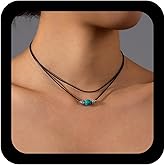 Andelaisi Boho Layered Leather Choker Necklace Black Leather Cord Choker Necklace Blue Turquoise Stone Necklace Vintage Short Black Collar Necklace for Women